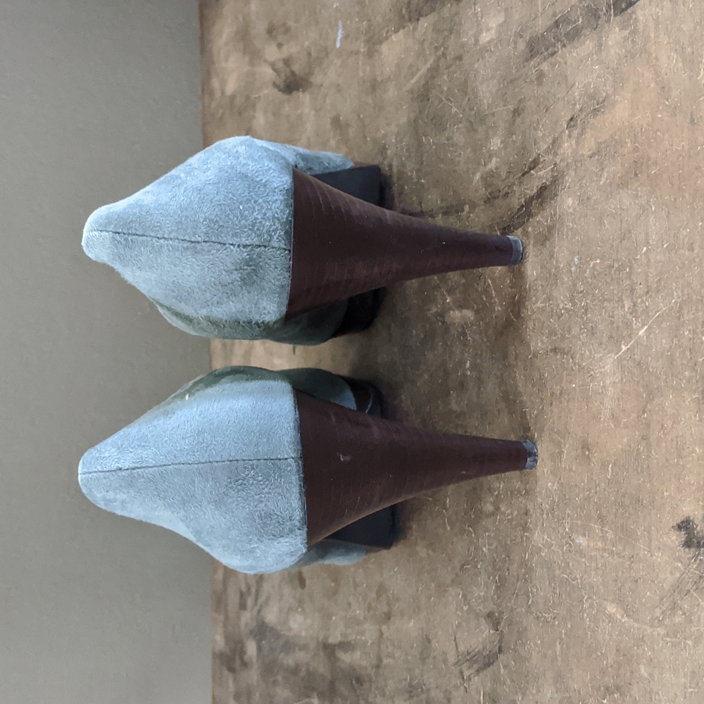 Style & co. Peep Toe Leather Suede Green Pumps With Wooden Heel - Picture 3 of 11
